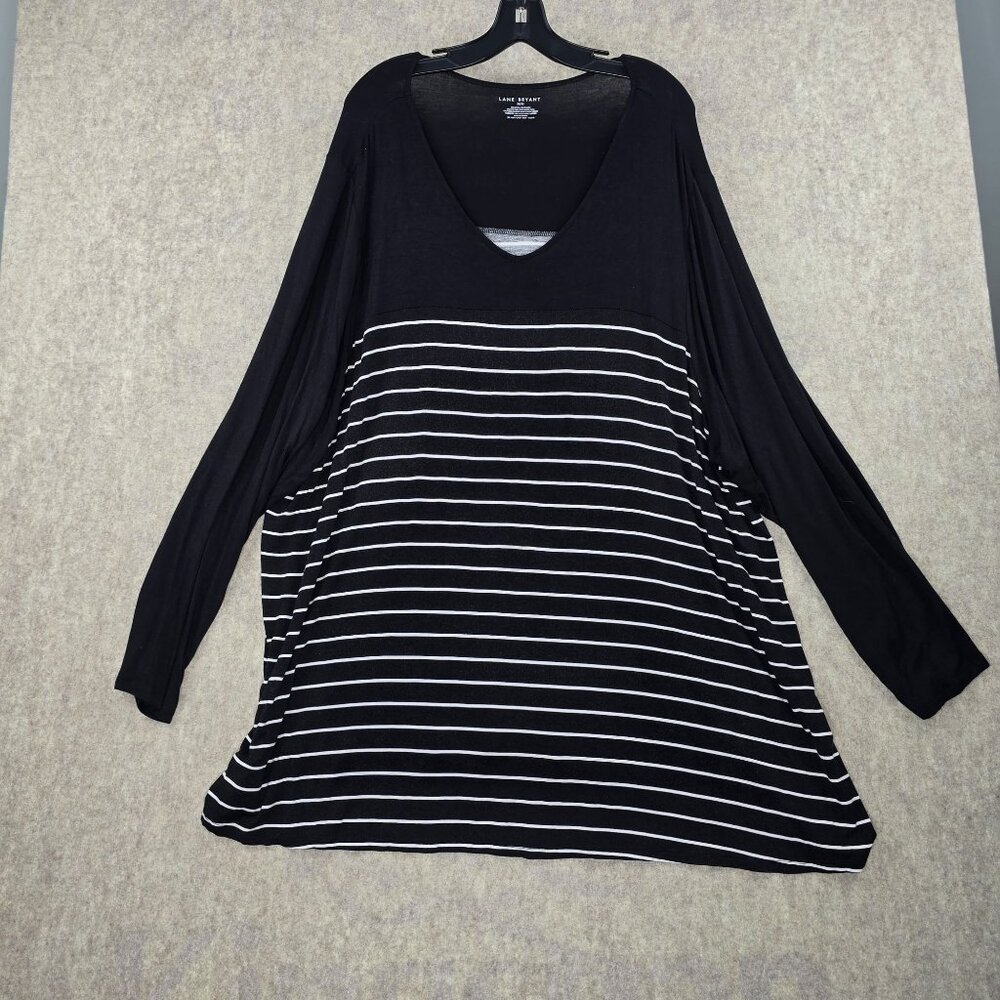 Lane Bryant Womens Knit Top Black/White Striped 30/32 V-Neck Long Sleeve Tunic